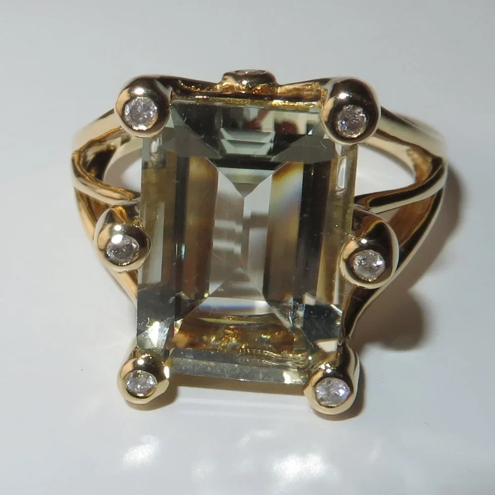 Natural Prasiolite Green Quartz Natural Diamonds 14K Yellow Gold Cocktail Ring